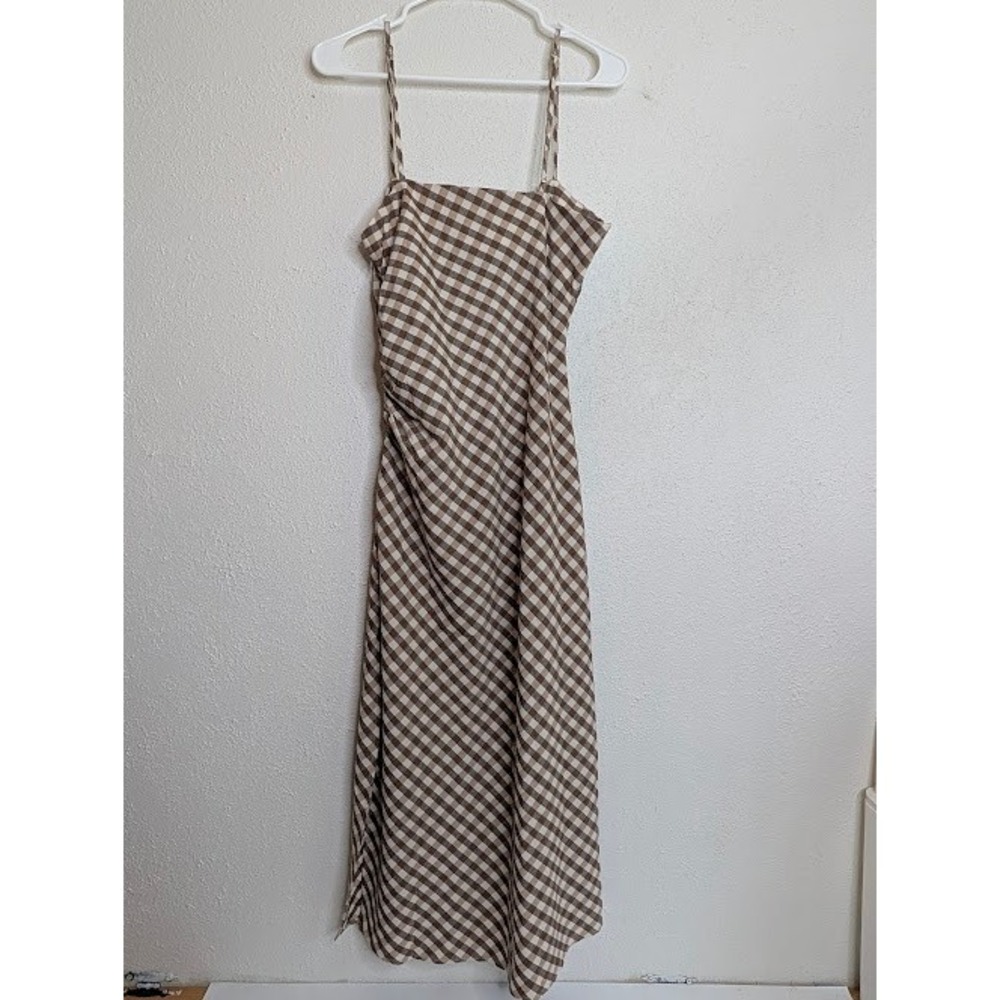 House of Harlow 1960 Women Gingham Midi Dress Large Brown White Ruched Side